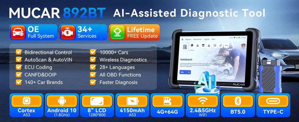 MUCAR 892BT AI Automotive Diagnostic Tool Bi directional Obd2 Scanner ECU Coding CANFD DOIP 35 Resets Life Free