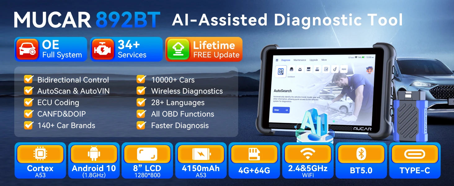 MUCAR 892BT AI Automotive Diagnostic Tool Bi directional Obd2 Scanner ECU Coding CANFD DOIP 35 Resets Life Free